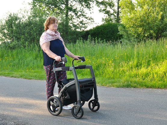 a woman pushing a walker down the street